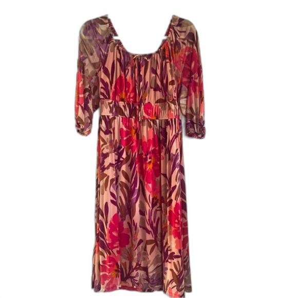 Floral Print Off the Shoulder MIDI Dress Sz L High waist Babydoll Style Coquette - Picture 3 of 12